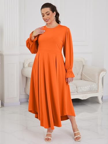 Image of Baczoe Plus Size Long Sleeve Church Dress for Curvy Women | Maxi Length, Elegant Formal Style, Flowy A-Line Shape, Two Side Pockets