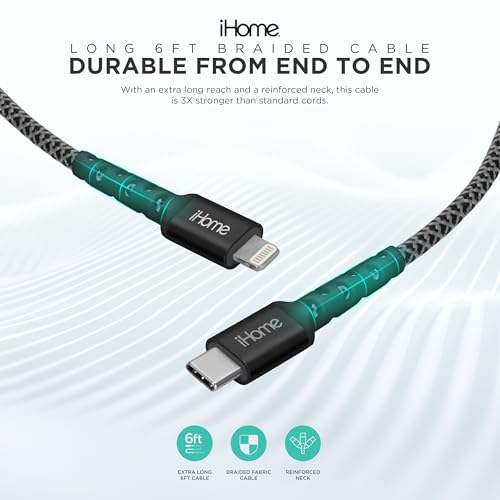 iHome Charge & Sync Bundle, Dual Port USB Charger, 20W Power Delivery, 6ft Lightning to USB-C Cable
