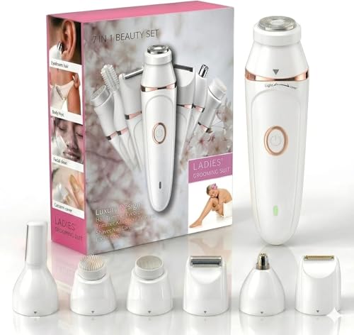 7-in-1 Electric Razors for Women, Cordless Rechargeable Ladies Grooming Kit with Body Hair Trimmer h, Eyebrow Trimmer, Nose Hair Clipper, Callus Remover &Facial Cleansing Brus, Portable Beauty Set(s)