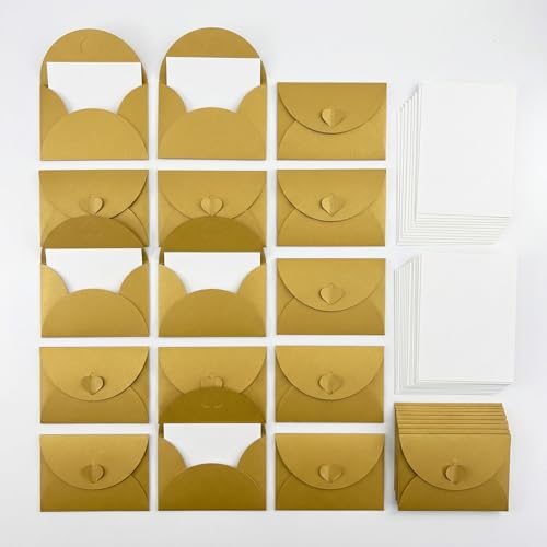 Gift Card Envelopes Gold Envelopes with Heart Clasp 20-Piece Mini Envelopes Contains 20 Sheets of White cardstock Pearlescent Paper Easy Folding Greeting Cards for Birthdays Weddings