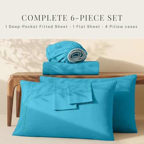 Image of Hearth & Harbor Bed Linen Set - Split King Size, 6 Piece, Extra Deep Pocket, Microfiber, Beach Blue