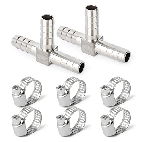 TAISHER 2 Stück 304 Edelstahl 2,5 x 2,5 x 2,5 cm Schlauchhaken-Armaturen, 3-Wege-T-Form, Gelenkspleißer, Mender-Fitting für Kraftstoff/Luft/Flüssigkeit/Gas mit 6 Schlauchschellen Cover