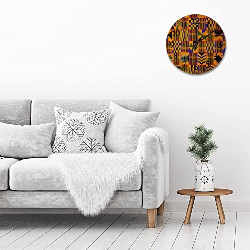 African Kente Cloth Ethnic Art Pattern 12" Wooden Clock Silent Quartz Wall Clock Non-Ticking Digital Decorative Fashion Round #TOP2