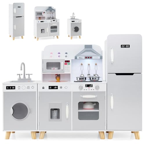 Kids Play Kitchen, Modular Pretend Wooden Kitchen with Range Wood, Ice Maker, Washing Machine, Refrigerator, Lights, Sound, Microwave, Utensils and Sink, Children Role Play Toy Kitchen for 3+