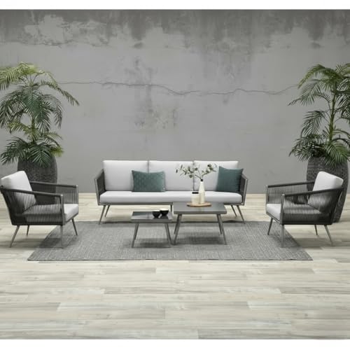 Image of LOCCUS 5-Piece Indoor & Outdoor Patio Furniture Set - Hand-Woven Rope Rattan Sectional Sofa with Tempered Glass Coffee Table, All-Weather Modular Conversation Set for Garden, Balcony, Lawn (Grey)