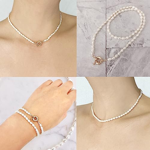 Dainty Freshwater Pearl Choker Necklace with Gold Sailor Clasp - 15" Strand & Double Line Bracelet - Dual Purpose Jewelry for Women2