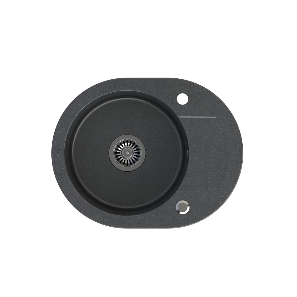 Fregadero fregadero Granito 59 x 46 cm Individual Platillos fregadero cocina fregadero salpicado Reversible + drexex Center + Sifón Lavabo + 360 ° giratorio U forma de grifo cocina grifo grifo de