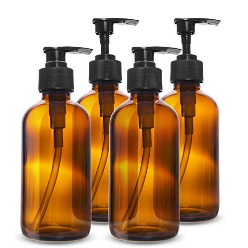 Gonioa 8-Ounce Glass Pump Bottles,Glass Soap Dispenser,Amber Boston Round Bottles with Black Pumps.Refillable Containers Great for Shampoo,Essential Oil,Lotion Soap,Hand Liquid(Pack of 4)