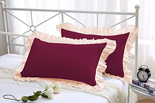 Image of YRM Bedding's Ruffle Beautiful Pillow Cover | Super Soft Elegant Premium Microfiber Frill Pillow Cover Set of 2 (18 inchx28 inch Inches) (Wine /Peach)