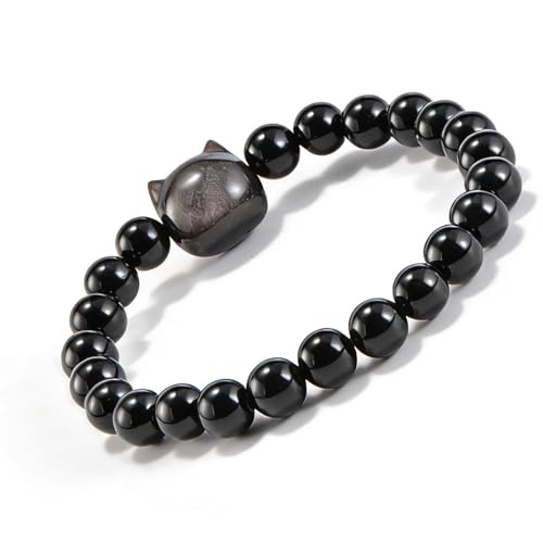 Aluckiss 8mm Black Obsidian Bracelets for Women Men 6.8 inch Round Cute Cat Head Beaded Stretch Bracelet Natural Gemstone Handmade Polishing Stone for Spiritual Healing Meditation Yoga