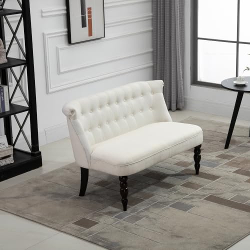 Image of HOMCOM Fabric Loveseat with Wood Legs, Buton Tufted Settee, Cream White