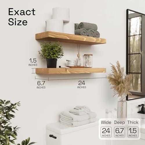 BAOBAB WORKSHOP Natural Wood Floating Shelves for Wall 24 inch - Floating Wall Shelves for Kitchen Bedroom - Wooden Bathroom Shelves - Oak Floating Shelf - 24 x 6.7 Inch, Set of 2 by BAOBAB WORKSHOP - Image 3