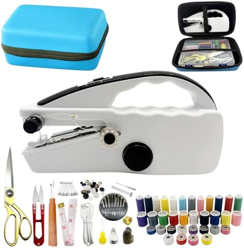 Heavy Duty Handheld Sewing Machine with 110 PCS Sewing Kit & Blue Leather Case, Mini Portable Hand Held Sewing Machine for Adults and Beginners, for Mending Clothes, DIY Projects, at Home or on the Go