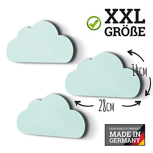 3er Set XXL Wolken mit 3D-Effekt als Kinderzimmer Deko Wandtattoo Kinderzimmer 30x15 cm 5mm Kunststoff (mint)