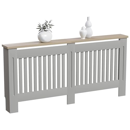 Vida Designs Arlington Cubierta de radiador Olive Grey - Extra Grande - Estilo Shaker Moderno con Lamas Verticales para Mejor circulación - H83.3xW172xD19cm - MDF Pintado con repisa de Madera
