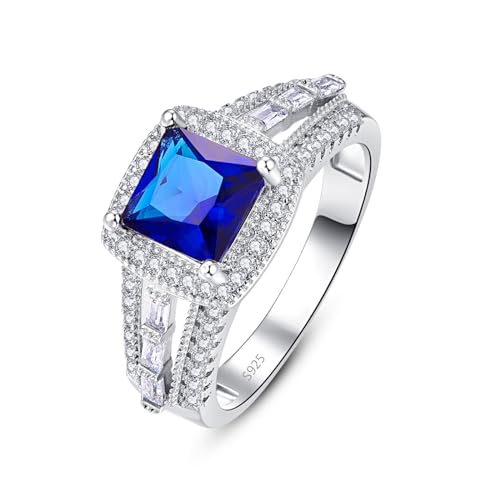 925 Sterling Silver Rings Princess Cut Simulated Blue Sapphire Halo Engagement Ring Wedding Band for Women