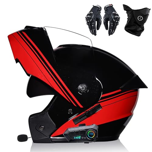 Frcychri Bluetooth Casques Modulables Moto, Casque Rabattable, Homologué ECE pour Adulte avec Anti-Buée Double Visière Microphone, avec Gants Et Protection du Visage, pour Hommes Femmes N,2X-Lagre