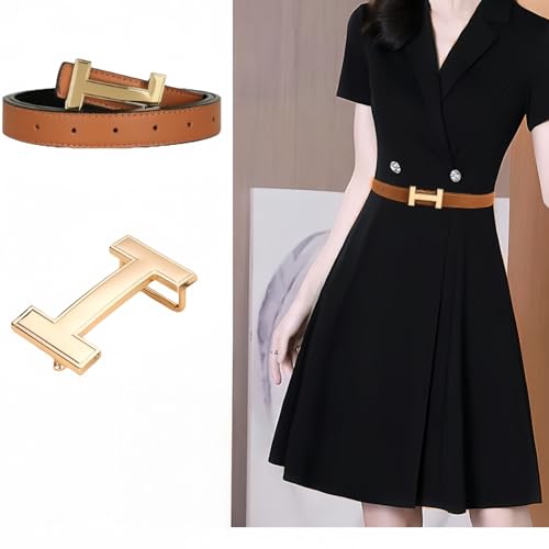 Women's Fashion Belt with Gold Buckle， PU Leather Dress Belt for Jeans & Pants (Brown, 110cm)3
