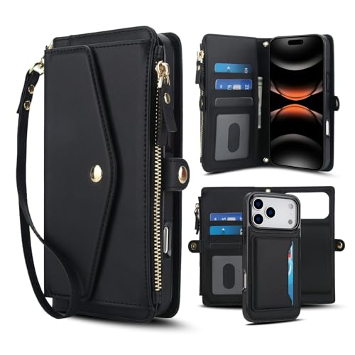 Étui iPhone 17 Pro cuir noir antichoc porte-carte magnétique amovible anti-RFID