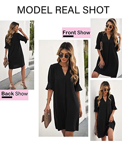 Image of QACOHU Womens Summer V Neck Shift Mini Dresses 2026 | Basic Flowy Swing Dress, Ruffle Short Sleeve, Loose Fit, Straight, Floral Boho Style, Casual Beach Wedding Guest Outfits