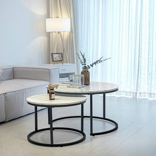 WELL HOME MOBILIARIO & DECORACIÓN Juego de 2 mesas auxiliares en Metal Color Blanco Acabado en mármol Ø50 Ø60cm - imagen 2