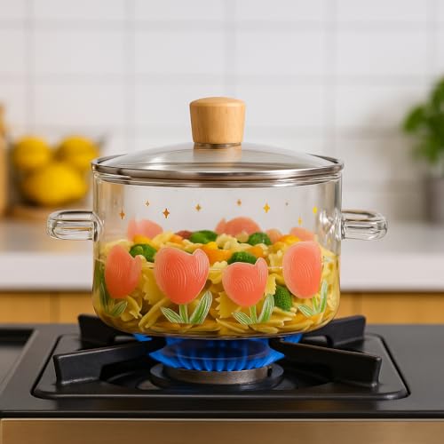 Image of Nestasia Borosilicate Glass Cooking Pot on Gas Stove (1800 ml) - Tulip Printed Casserole with Air Vent Glass Lid | Microwave & Dishwasher Safe Durable Vessel for Kitchen