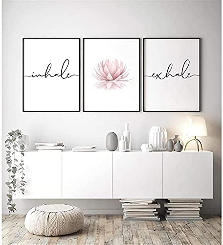 Nordic Posters Pink Lotus Flower Wall Art Canvas Inhale Exhale Painting Zen Pictures for Livingroom Yoga Decor Framed Ready to Hang