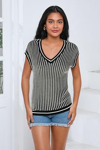 Image of SAUKOLE Women's Sweater Vest Casual V Neck Cap Sleeve Knit Pullover Tops | 2026 Spring Clothes, Soft Knit Shirts, Short Sleeves T-shirts, Tunic Blouses, Sweater Tank Tops