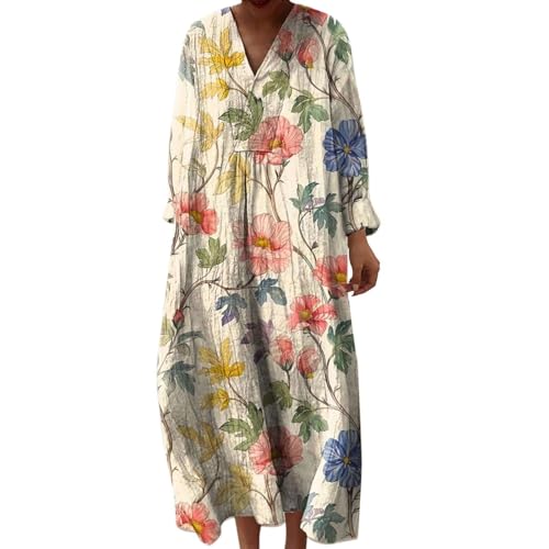 Vestido Boho Mujer Verano Largo Chic Manga Larga en V Floral Holgado Vestido Tallas Grandes Elegante Fluida Casual con Bolsillos Vestido Suelto Vintage para Entretiempo y Playa Vacaciones