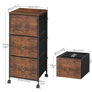HOOBRO 3 Drawer File Cabinet Vertical Filing Cabinet Office Cabinet for Home Office Mobile Printer Stand fits A4Letter Size Adjustable Hanging Nonwovens Drawer Rustic Brown BF44WJ01