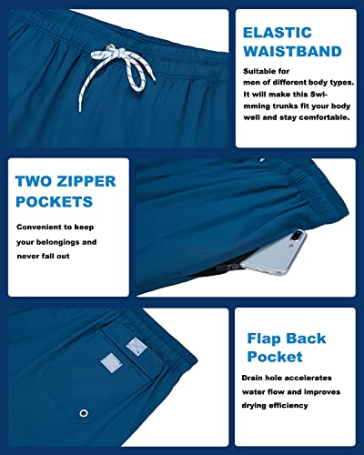 Seisocho Mens Swim Trunks With Compression Liner Swim Shorts Bathing Suits Swimwear Zipper Pockets,Peacock Blue,Xx-Large #TOP3
