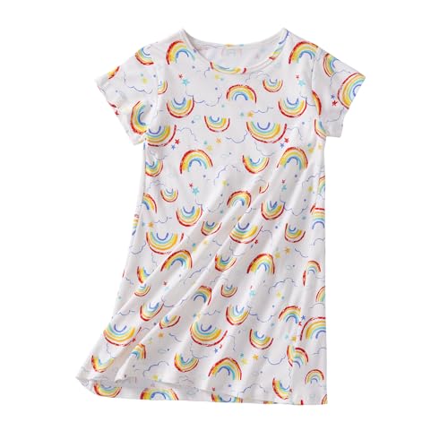 Uobzyaq Girls Sleep Dress Toddler Nightie Night Dress Short Sleeve Bed Dress Cotton Soft Princess Nightgowns Pajamas Sleepwear Rainbow Size 5-6Years/120
