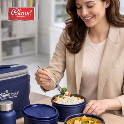 Image of Classic Steels Urban Premium Steel Lunch Box Set of 7 with Insulated Carry Bag Includes 4 Microwave Safe Leak-Proof Containers 1100 ml & 500ml Steel Bottle | BPA Free, Food Grade with Heavy Cutlery