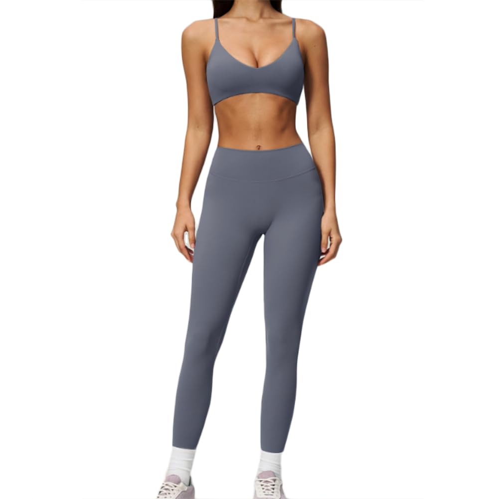 Conjunto Deportivo 2 Piezas para Gimnasio, Running y Yoga | Conjunto yoga 2 piezas, sujetador V tirantes regulables, leggings largos talle alto elevaglúteos sin costuras suaves elástico