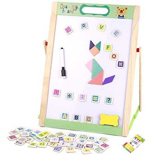 Fajiabao Pizarra Infantil de Caballete con Pizarra Blanca Magnética Niños Doble Cara Tablero de Aprendizaje Números y Letras Magnéticos Juegos Educativos Juguetes de Madera para 2 3 4 5 Años