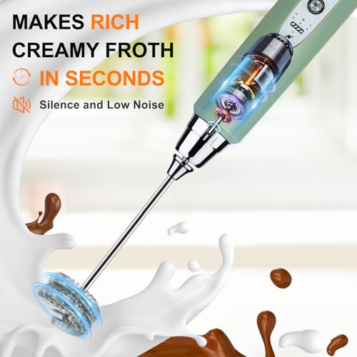 Image of YUSWKO Granite Green Handheld Milk Frother Wand for Coffee, Rechargeable Electric Whisk with 3 Heads 3 Speeds Drink Mixer Coffee Frother For Latte, Cappuccino, Hot Chocolate, Egg