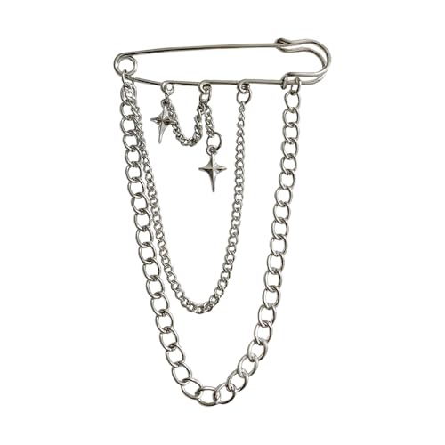 Silver Safety Pin Brooch Star Pins for Clothes Fashion Decorative Pins Brooches with Long Chain Tassel Goth Gothic Punk Clothes Accessories Jackets Pant Chain Pins Emo Rock Brooch Pins for Women Men