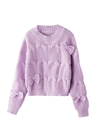 SweatyRocks Girl's Bow Sweater Crewneck Long Sleeve Crochet Ribbed Knit Pullover Tops