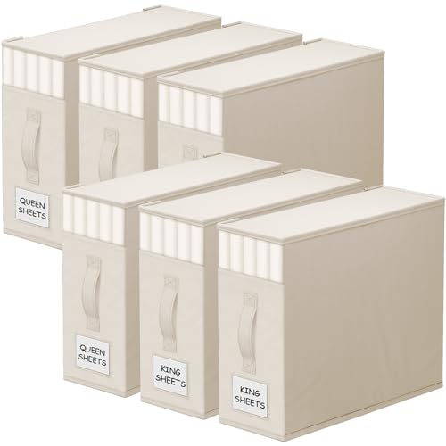 Image of StorageTastic 6 Pack Bed Sheet Closet Organizers and Storage,Sturdy Foldable Storage Containers with Window and Label,Storage and Organization for Bedding Sheets,Duvet Covers,Blankets (Beige)