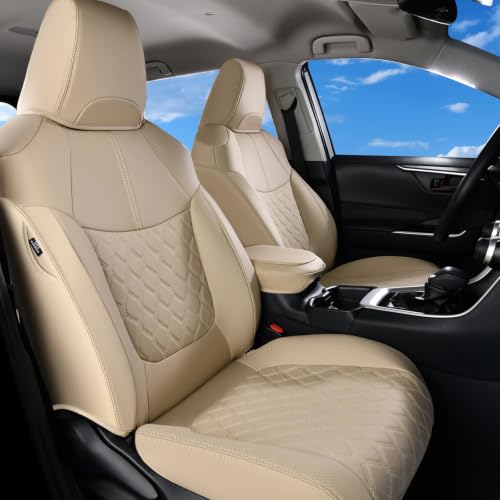 Image of Huidasource Custom Fit RAV4 (Gas Only) Front Seat Covers, Beige Waterproof Faux Leather Full-Coverage for 2019-2024 Toyota RAV4 LE /XLE & XLE Premium /Limited (Does Not Fit Adventure and TRD Off-Road)