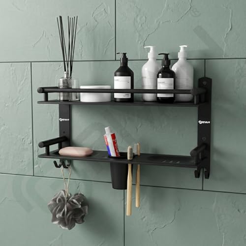 Image of GRIVAN Stainless Steel 2-Tier Bathroom Accessories Set - Heavy Duty Bathroom Shelves with Dual Soap Holder, Toothbrush Holder & Tumbler | Wall Mounted Bathroom Organizer (Black Matte)