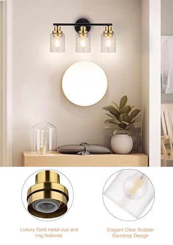 Image of Ldeco 3 Light Vanity Lights for Bathroom,Black and Gold Bathroom Light Fixture with Clear Bubble Glass Shade,Modern Wall Sconce Lights for Mirror,Bedroom,Living Room,Hallway Cabinet Porch,E26 Base