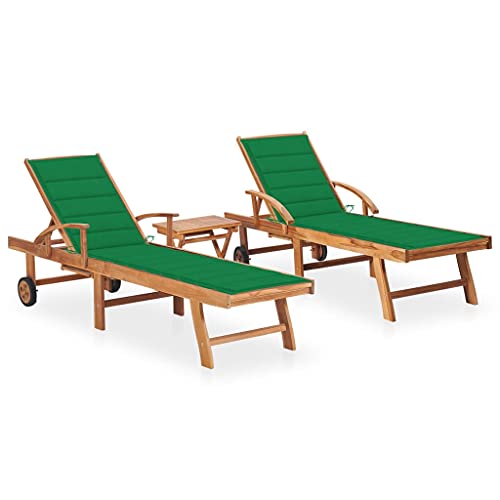 SKTQYQO Tumbona de madera maciza de teca con mesa lateral y cojín verde, 2 piezas, respaldo y reposapiés ajustables, muebles de jardín duraderos y cómodos