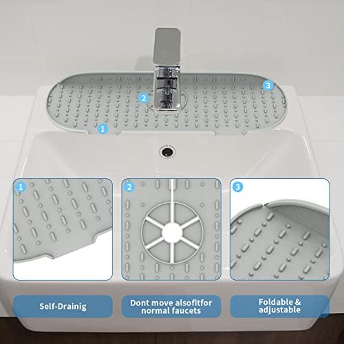 RYHX Silicone Faucet Mat,Silicone Faucet Handle Drip Catcher Tray,Faucet Sink Splash Guard Mat Sink Draining Pad for Kitchen, Bathroom and RV -Gray