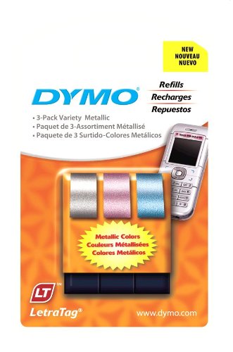 DYMO LetraTag Labeling Tape for LetraTag ABEL Makers, Black Print on Pink, Blue and Silver Metallic Tapes, 1/2'' W x 13'' L, 3 Rolls (1741827)