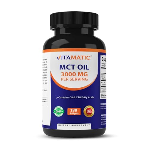 Vitamatic MCT Oil 3000 mg per Serving - 180 Softgels - from Coconut Oil - Contains 55% caprylic Acid C8 and 40% capric Acid C10
