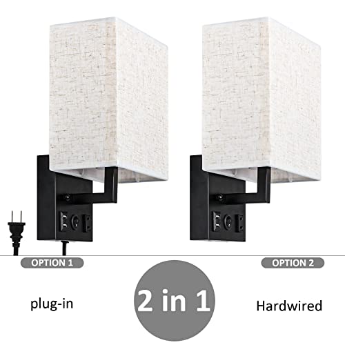 Caduke Bedside Wall Lamp Set Of 2, Plug In Wall Sconce With Usb Charging Port And Ac Outlet, Modern Black Brushed Nickel Wall Light With Plug In Cord For Living Room Office, E26 Led Bulb Included #TOP6
