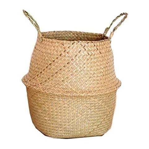 Cupcinu. Seagrass Belly Basket Plant Pot Woven Basket with Handles Foldable Laundry Basket Toys Storage 45 x 40cm Cover