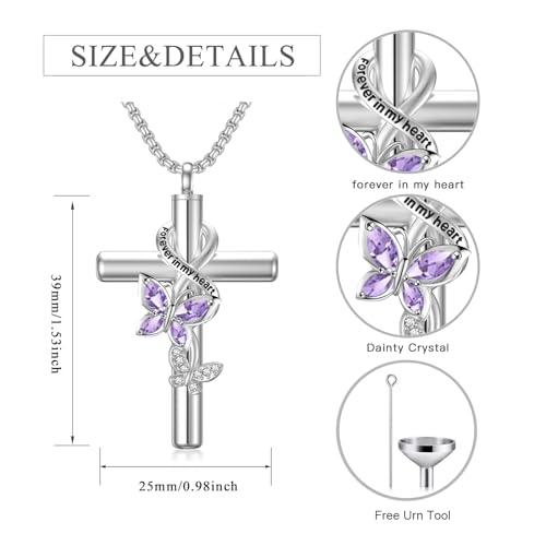 Birthstone Butterfly Cross Urn Necklaces for Ashes White Gold Plated Sterling Silver Cremation Keepsake Necklace w/Funnel Filler Memorial Pendant for Ashes for Human Women Pet2