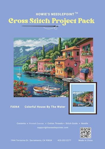 Image of Howie's Cross Stitch Kits, 14CT Pre-Printed Pattern Embroidery Set Needlework, Full Range of Stamped Starter Kits(Colorful House by the Water, 20.47 x 17.32 inch)